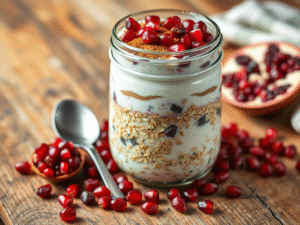 Glass jar of overnight oats with pomegranate and cinnamon