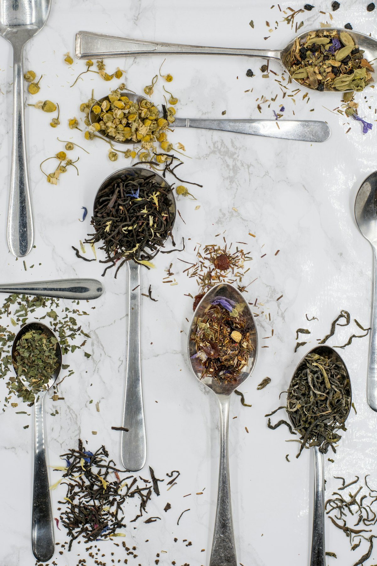 Spices arranged on a kitchen table
